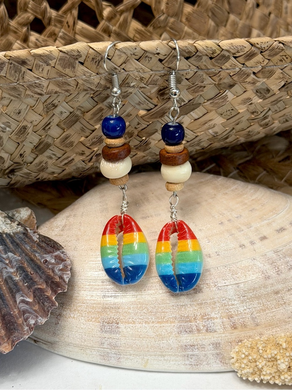 Colorful Rainbow Cowrie Shell Beaded Beach Earrings